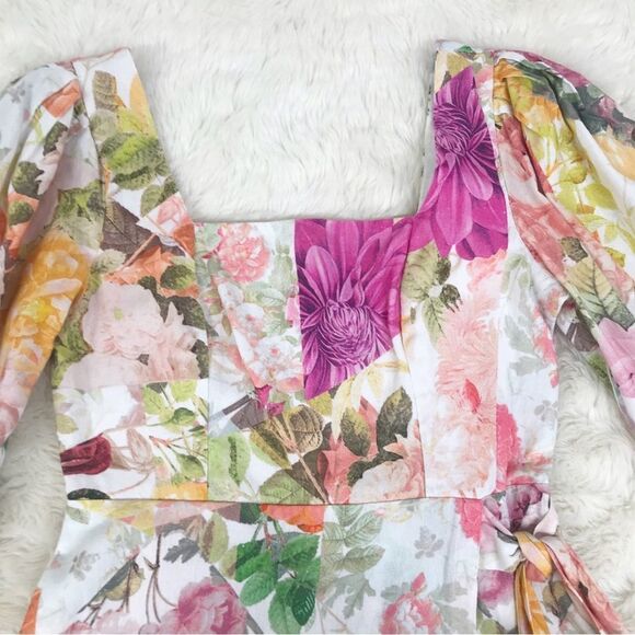 VINCE CAMUTO Floral Cotton Linen Mini Dress‎ Tie Waist Pink Green Size 2 6 New - Picture 4 of 16